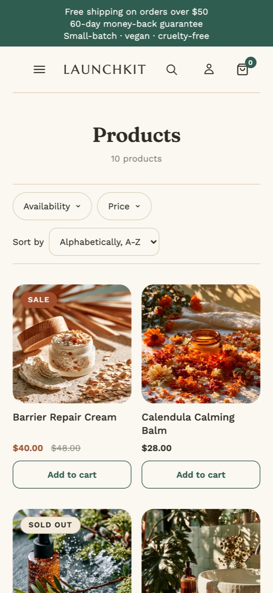 LaunchKit store collection page on mobile